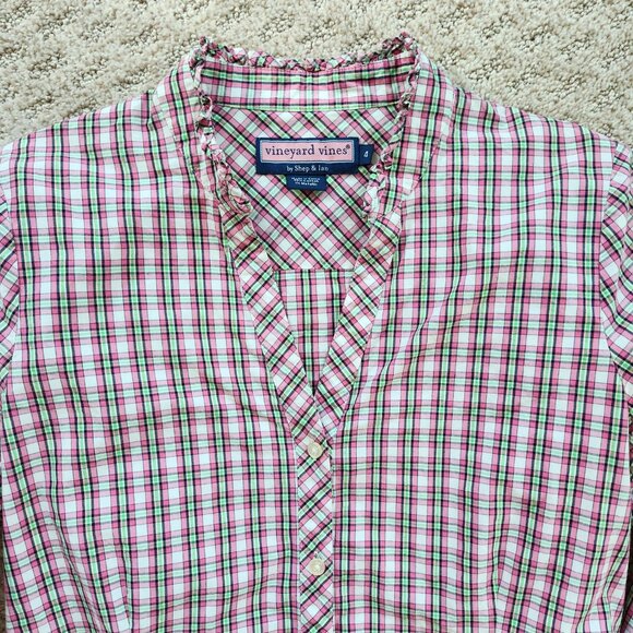 Vineyard Vines Pink & Green Plaid Ruffle Collar Button-Down Shirt Blouse, Sz 4 - Picture 2 of 11